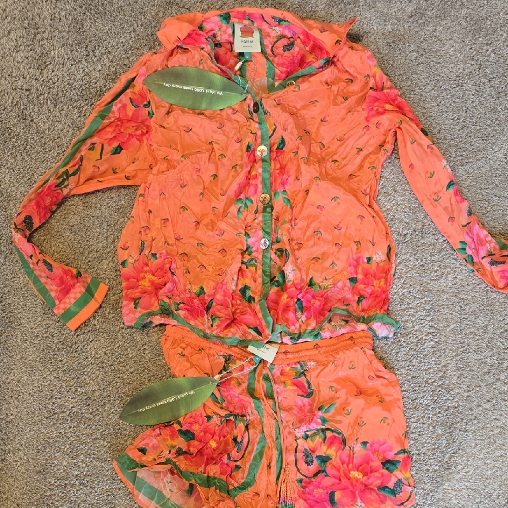 Farm Rio Orange Floral Button-Up Top and Shorts Set